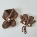 Detail of brown plush baby scarf and mitten set with cute bear embroidery and anti-lost cord - One Size / Scarf Mittens Set / Brown
