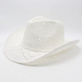 Hollow weave white Panama straw cowboy hat with a wide brim for summer sun protection - M (56-58cm) / White