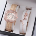 Elegante orologio al quarzo quadrato in oro rosa con strass e set di bracciali floreali - Beige (Orologio con Bracciale)