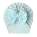 Hellblaue gerippte Babymütze mit großer Chiffonschleife und goldenen Punkten - Blau
