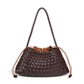 Dark brown hand-woven leather shoulder bag with drawstring lining and tassel detail - Chocolate