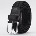 Elastic woven belt in black with silver metal buckle and premium leather trim details - Black
