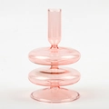 Elegant pink glass candle holder with a unique tiered design and round flat structures - Pink Cascading Disc (B)