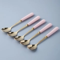 Set of 5 elegant stainless steel spoons with pink ceramic handles and golden finish head - Pink - Spoon