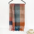 Detailed view of soft mohair knit scarf with colorful check patterns and fringed edges - 210cmx40cm / Pink Blue Orange