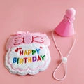 Close-up of pink plush pet birthday bib and matching hat with happy birthday embroidery - Pink Bow Set