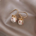 Golden C-shaped earrings with white imitation pearls and red gemstone leaf accents - Red Gem Leaf Pearl Earring (ER20Y1131)