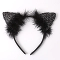 Sparkly black cat ear headband with sequins and feather trim for Halloween party costume - Black