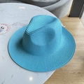 Detailed weave texture of the sky blue wide brim straw fedora hat for summer sun protection - Sky Blue