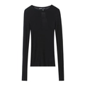 Close-up of the brand label and crew neckline on a slim-fit black long-sleeve cotton T-shirt - S / Black