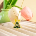 Golden Christmas tree necklace with green enamel and colorful crystal ornaments - Christmas Tree Green / Gold