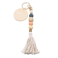 Boho wood bead keychain with tassel and round tag in grey blue and yellow tones - Milky White