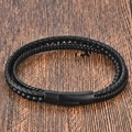 Pulsera multicapa de cuero negro para hombre con cordones trenzados y cierre magnético - Estilo Cuatro (21CM)