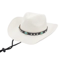 White straw cowboy hat with turquoise stone band and adjustable chin strap - One Size / White (Turquoise Decoration)
