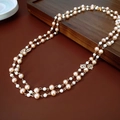 French vintage double-layer pearl necklace with golden rose charm and zircon detail - 58# Necklace-Pink-Double Layer Rose