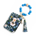 Floral print wallet keychain with blue and white silicone bead wristlet and wooden bead - Dark Blue