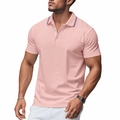 Λεπτομέρεια ροζ μπλούζας πόλο με ριγέ γιακά σε κόκκινες και μπλε αποχρώσεις - Ροζ