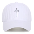 White washed cotton baseball cap with black PEACE embroidery in a vintage soft top style - One Size / White