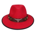 Red western cowboy hat with brown leather band and silver bull head metal ornament - M (56-58cm) / Red (90 Series Bull Head Buckle Decor)