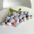 Handmade crochet gradient rose bouquet in pink blue and white with knitted green leaves - Mermaid Pink Gradient Rose Single Stem