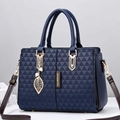 Dark blue paneled tote bag with triangular texture, gold hardware and pearl leaf charm - Dark Blue