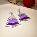 Detailed view of Christmas tree earrings with purple gradient sequins and silver star charms - 73 Silver Pin - Regular - Silver - Purple