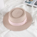 Elegant beige straw hat with a wide flat brim and a matching pink ribbon decoration - M (56-58cm) / Flesh Pink