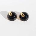 Polished black enamel dome stud earrings with decorative golden droplet accents - Classic Black