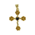 Gold-plated cross pendant with 3D roses and a heart-shaped black gemstone on white background - 13-Rose Black Stone Cross
