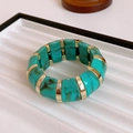 Detail of vintage gold-plated stretch bracelet with turquoise marble resin blocks - Dark Green Marble Pattern Spliced Bangle (No. 24)