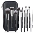 10-teiliges Make-up-Pinsel-Set mit schwarzem PU-Etui und silbernen Akzenten - 12-teiliges Schwarz Silber Reißverschlusstaschen-Set