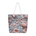 Ethnic canvas tote bag with pink rose embroidery and white rope handles - Floral Pattern A