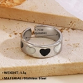 Adjustable stainless steel heart ring featuring black and white enamel drip oil design - Heart Ring 2