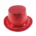 Vista dettagliata del cappello a cilindro rosso glitterato con lustrini e nastro rosso - Adulto 58cm Circonferenza / Rosso