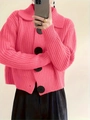 Relaxed oversized chunky knit cardigan in bright pink featuring large black buttons - 3XL / Rose