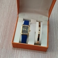 Coffret montre quartz femme bracelet cuir bleu et gourmette dorée dans boîte cadeau orange - Style 22 (Sans boîte)