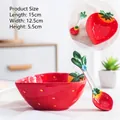 Ceramic strawberry bowl and spoon set with embossed texture and green leaf detail - Strawberry Bowl