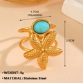 Goldener Seestern-Ring mit hellblauem ovalem Edelstein und verstellbarer Schiene - Edelstahl/Imitat Edelstein / Goldener Seestern Offener Ring