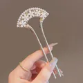 U-shaped hair pin with fan-shaped white flowers and pearls on a gold metal fork - Aa0178 Fan-shaped Five Small Flowers - Gold