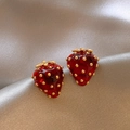 Squisiti orecchini a lobo a fragola rossa con foglie dorate su seta argento elegante - Stile Fragola Rossa con Perno in Argento (2#)