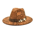 Sombrero fedora vintage con estampado de serpiente, banda de leopardo y perlas - Caqui