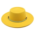 Detail of yellow wool felt flat top boater hat featuring exotic beaded chain decoration - M (56-58cm) / Yellow