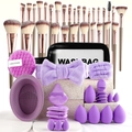 Purple beauty set with 40 makeup sponges, brushes, headband, and black wash bag on stones - Ultimate Full Set / Purple