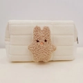 Quilted white plush pouch featuring a cute brown stuffed rabbit charm and zipper - White (Milk Tea Rabbit)