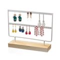 White metal two-tier earring display stand with natural wooden base for jewelry storage - 46 Holes White