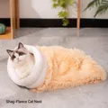Plush cream cat sleeping bag with soft white lining for winter warmth and comfort - Long Plush Style