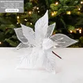 28cm White sequined fabric Christmas flower with mesh petals for holiday tree decoration - White
