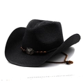 Black western straw cowboy hat featuring metal bull head buckle and adjustable chin strap - Black
