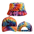 Detail view of vibrant tie-dye bucket and baseball caps with colorful spiral patterns - Spiral Radial Tie-Dye Set (Style 11) / Baseball Cap + Bucket Hat