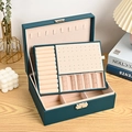 Dark green double-layer jewelry box with beige velvet interior and necklace hooks - Upgraded Blue (Plain Grain) / 23x17x8cm